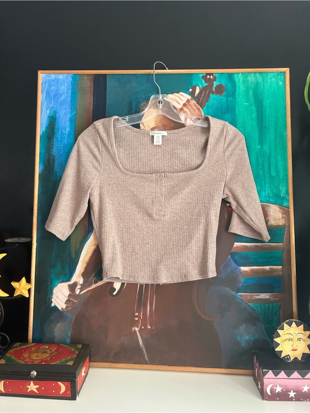 Bozzolo Y2K Taupe Ribbed Square Neck Henley Crop Top Size L